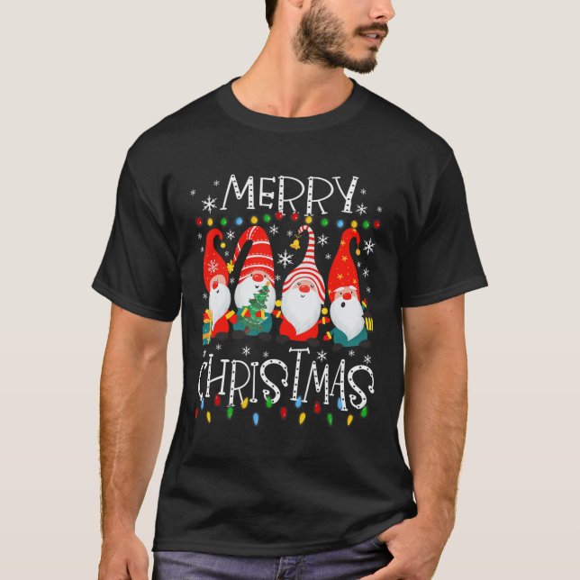 Camiseta Gnomias Feliz Família de Natal Luz Xmas Pajamas (Frente)