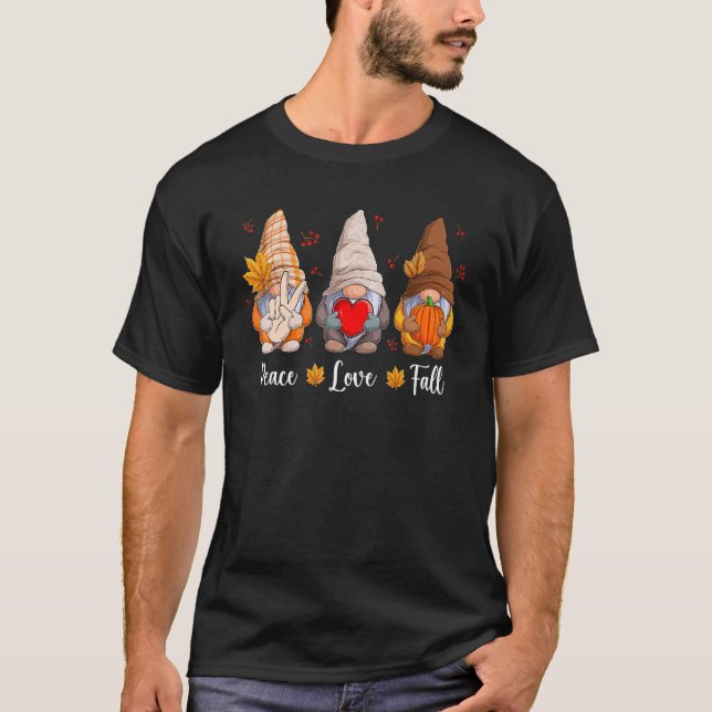 Camiseta Gnomies Peace Love Fall Season  Autumn Leaves (Frente)