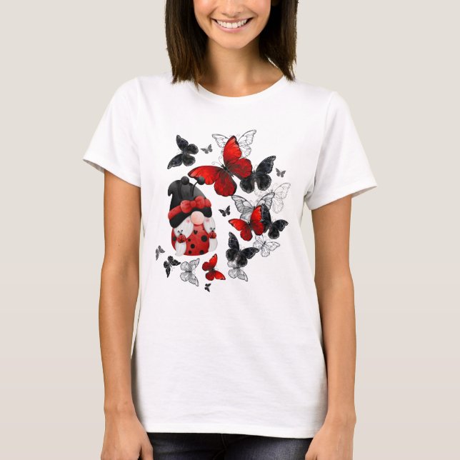Camiseta Gnomo da Ladybug vermelha e preta com borboletas (Frente)