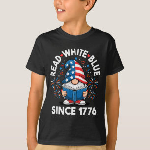 Camiseta Gnomo de Leitura de 4 de Julho Vermelho Branco Azu