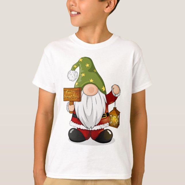 Camiseta Gnomo de Natal bonito com Lanterna e Sinal de Made (Frente)