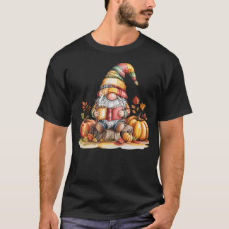 Camiseta Gnomo de Outono Lendo Livro com Abóboras