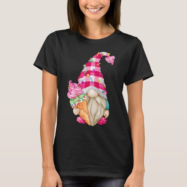 Camiseta Gnomo De Sorvete Bonito Para Mulheres Com Buf Rosa (Frente)