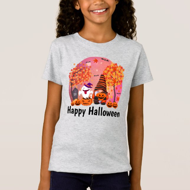Camiseta Gnomo e fantasma bonitos do Halloween com SMS Girl (Frente)