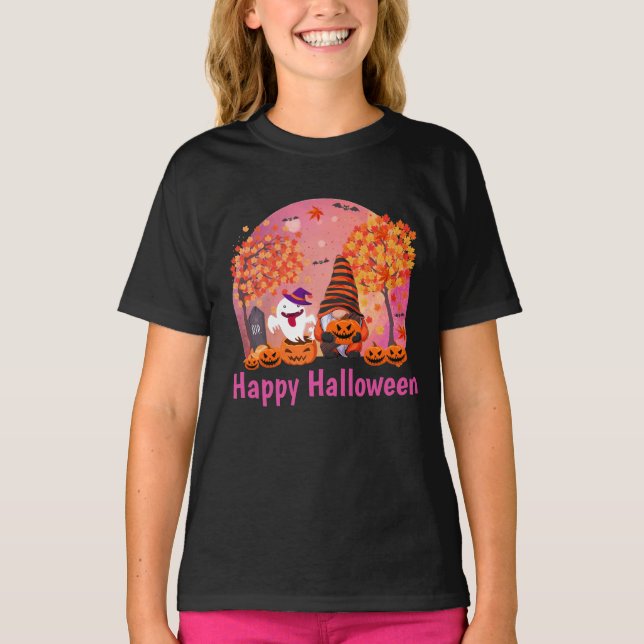 Camiseta Gnomo e fantasma bonitos do Halloween com SMS Girl (Frente)