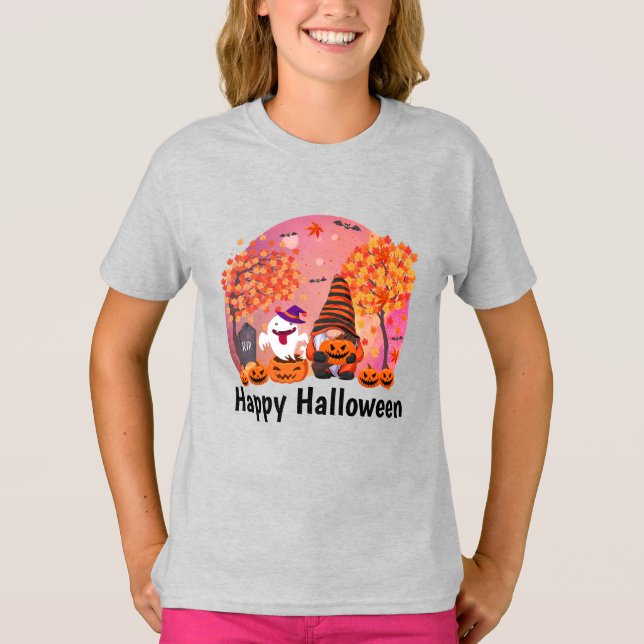 Camiseta Gnomo e fantasma bonitos do Halloween com SMS Girl (Frente)