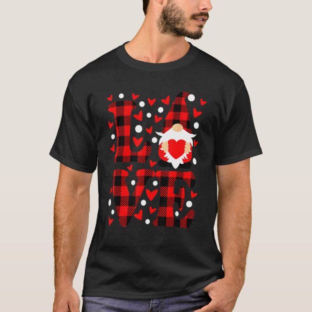 Camiseta Gnomo Love segurando Heart Buffalo Xadrez Happy Va (Frente)