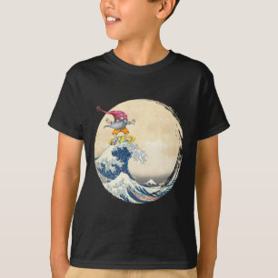 Camiseta Gnomo Surfista Cavalgando a Grande Onda de Kanagaw