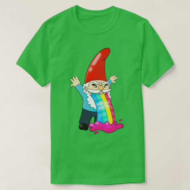 Camiseta Gnomo Vômitos Jogando Arco-Íris Engraçado (Frente do Design)