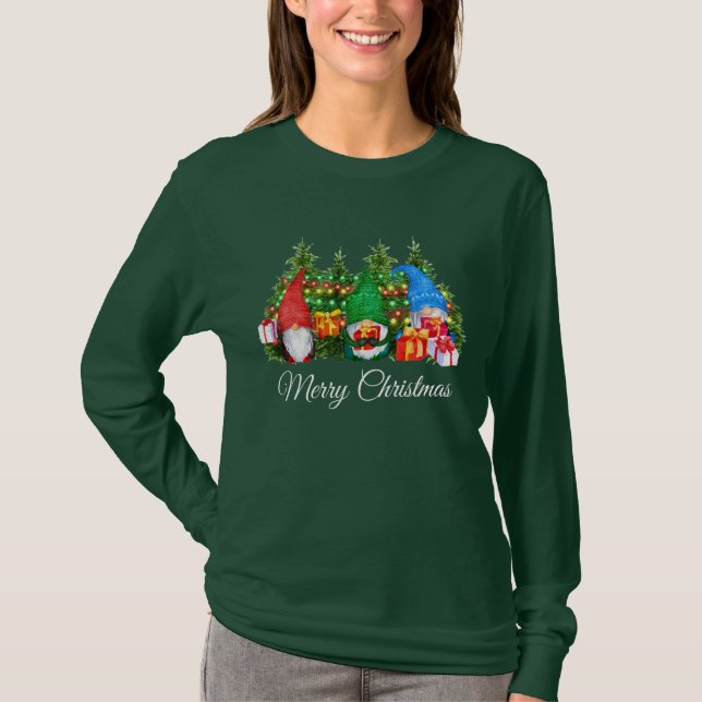 Camiseta Gnomos de Aquarela Feliz Natal Verde Longo W (Frente)