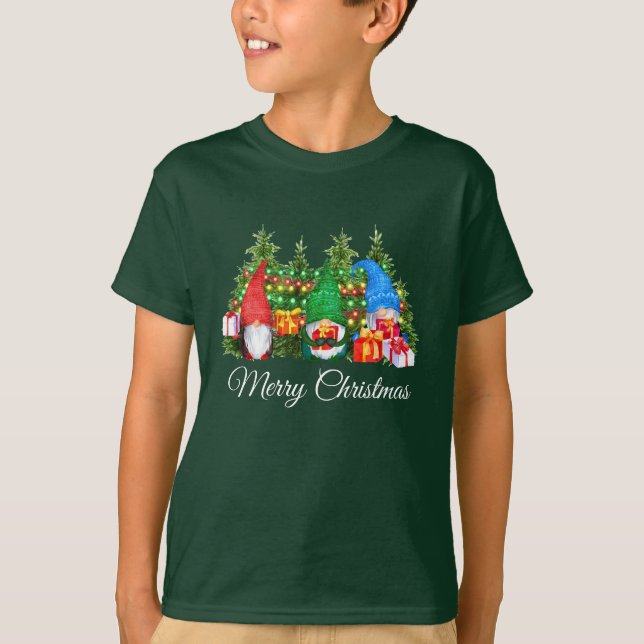 Camiseta Gnomos de Aquarela Verde de Feliz Natal (Frente)