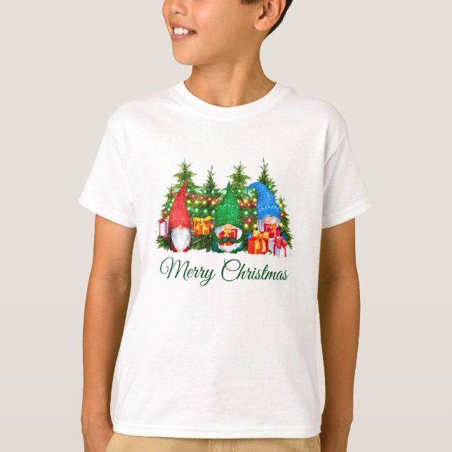 Camiseta Gnomos de Aquarela Verde Feliz Menino de Natal (Frente)
