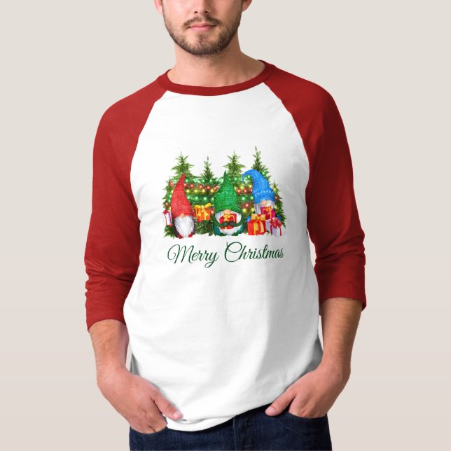 Camiseta Gnomos de Aquarela Verde Feliz Natal Esporte (Frente)