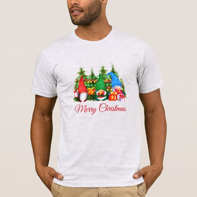 Camiseta Gnomos de Aquarela Vermelha Cinza de Natal Merry (Frente)