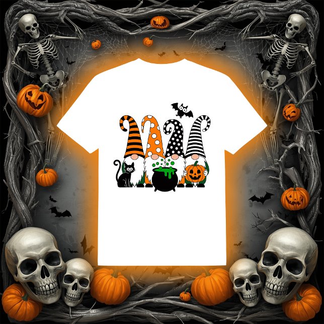 Camiseta Gnomos de Halloween Fofos com Caldeirão e Abóbora (Criador carregado)