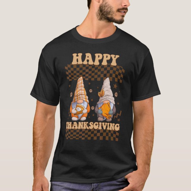Camiseta Gnomos de Queda Retro Feliz Ação de Graças Pumpkin (Frente)
