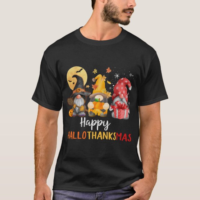 Camiseta Gnomos Felizes e Curiosos Felizes Hallothanksmas A (Frente)