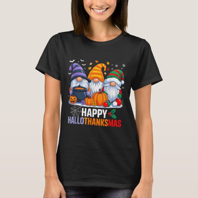 Camiseta Gnomos Halloween Dia de Ação de Graças Feliz Hall (Frente)