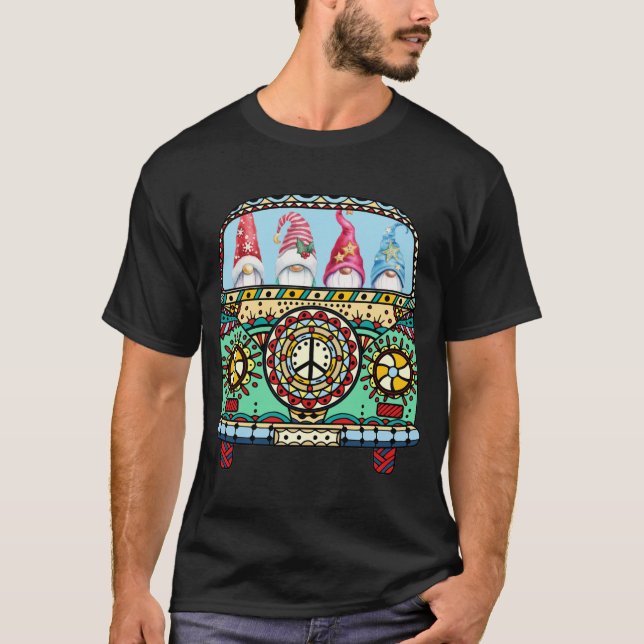 Camiseta Gnomos hippie engraçados dirigindo a paz acampando (Frente)