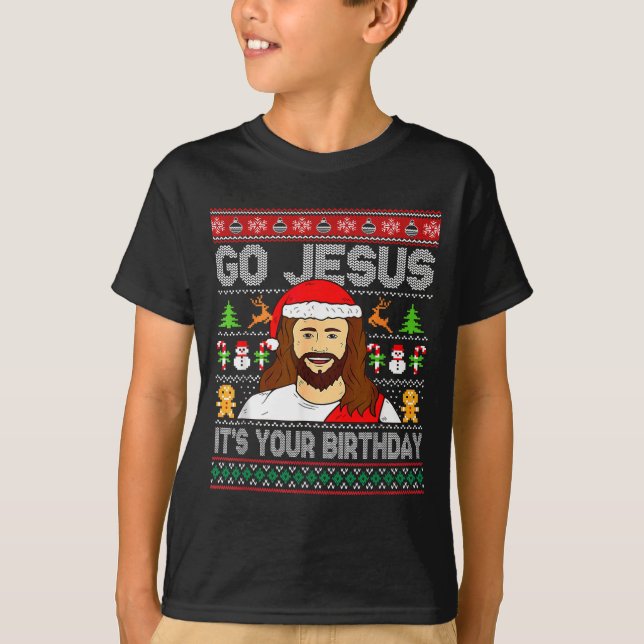Camiseta Go Jesus It's Your Birthday Ugly Christmas Sweater (Frente)