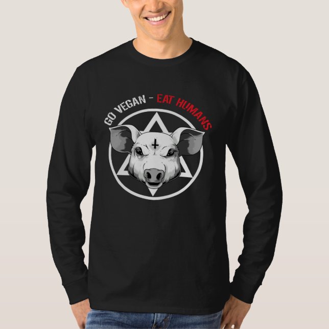 Camiseta Go Vegan Eat Humans  Satanic Vegan Pig (Frente)