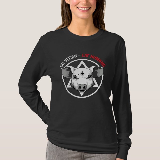 Camiseta Go Vegan Eat Humans  Satanic Vegan Pig (Frente)