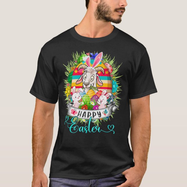 Camiseta Goat In Easter Eggs Basket Cute Bunnies Happy East (Frente)