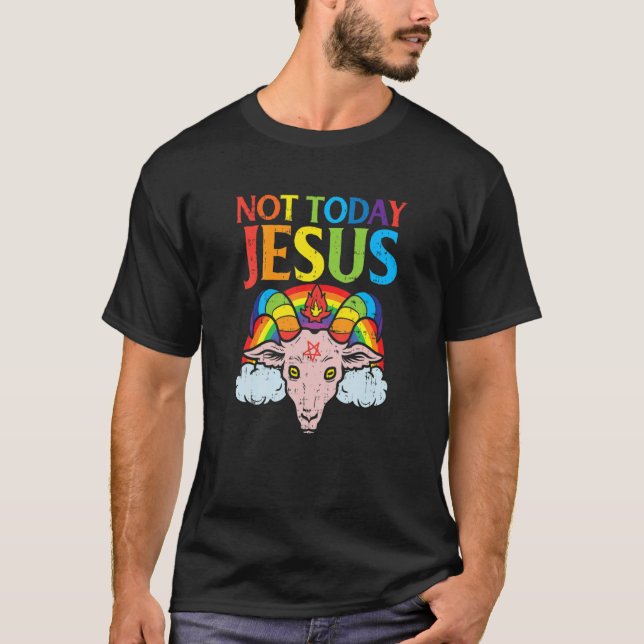 Camiseta Goat Not Today Jesus Satan Retro Rainbow God Chris (Frente)