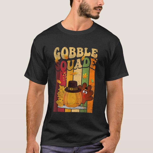Camiseta Gobble Squad Pumpkin Folha Folha Dia de Ação de Gr (Frente)