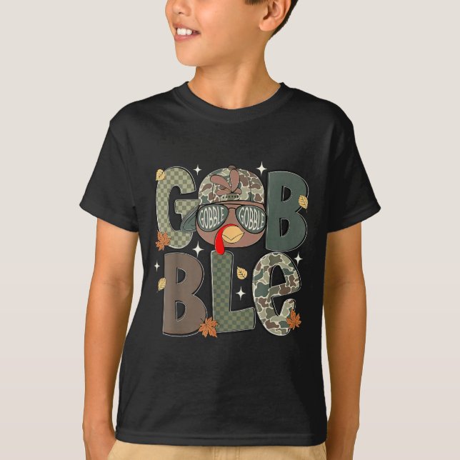 Camiseta Gobble Turkey Camo Hat Thanksgiving Boys Youth Kid (Frente)