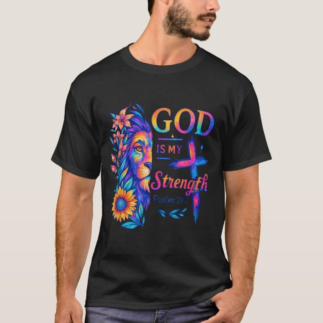 Camiseta God Is My Strength Psalm 28_7 Lion Tee  (Frente)