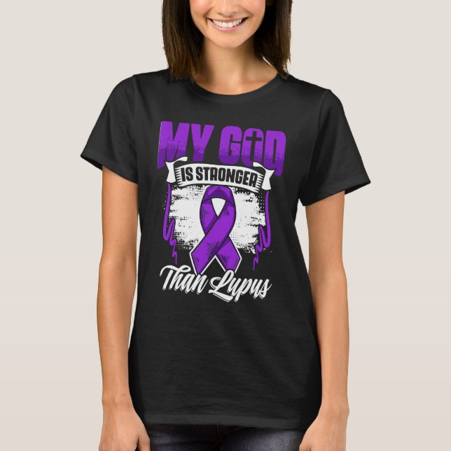 Camiseta God Is Stronger Than Lupus Purple Ribbon Lupus Awa (Frente)