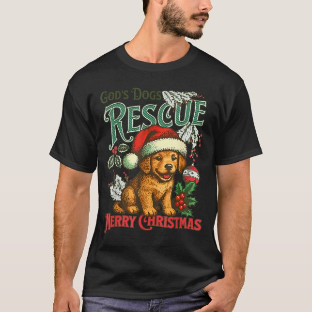Camiseta God's Dogs Rescue Christmas Santa Golden Retriever (Frente)
