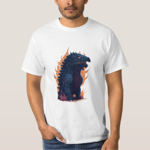 Camiseta Godzilla com fogueiras e disparos de Godzilla