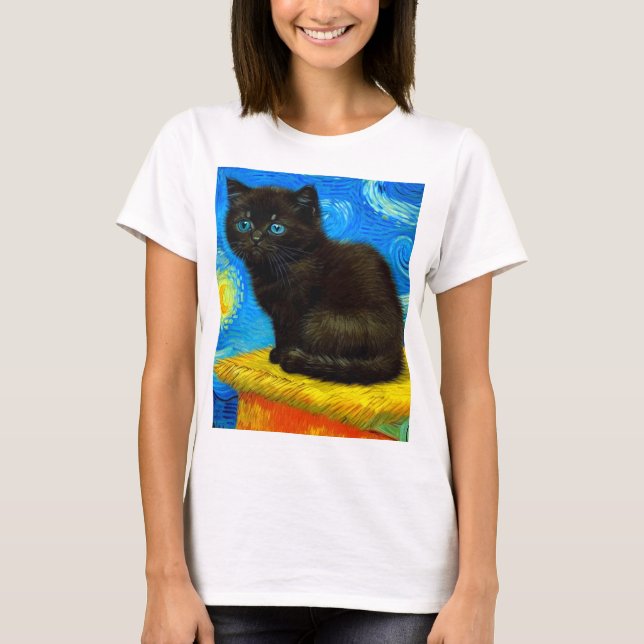 Camiseta Gogh Style Starry Night Cat (Frente)