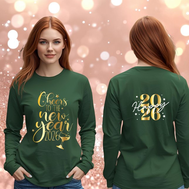 Camiseta Gold Cheers to the New Year 2026 Happy New Year (Criador carregado)
