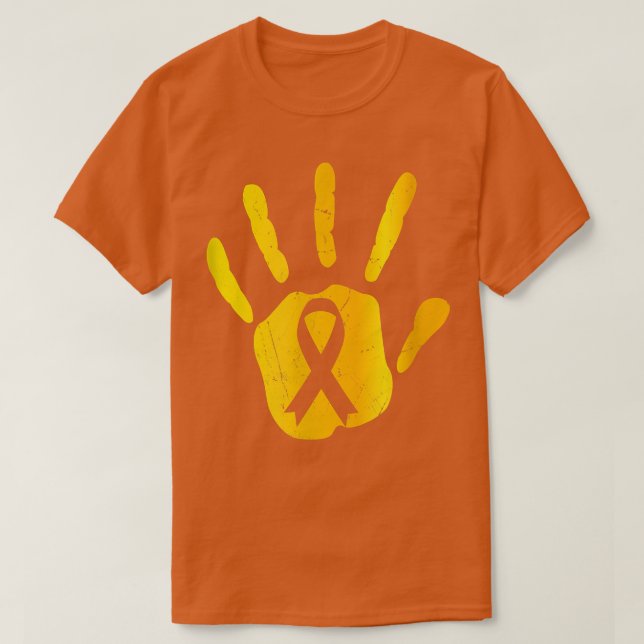 Camiseta Gold Ribbon and hand Childhood Cancer Awareness Su (Frente do Design)