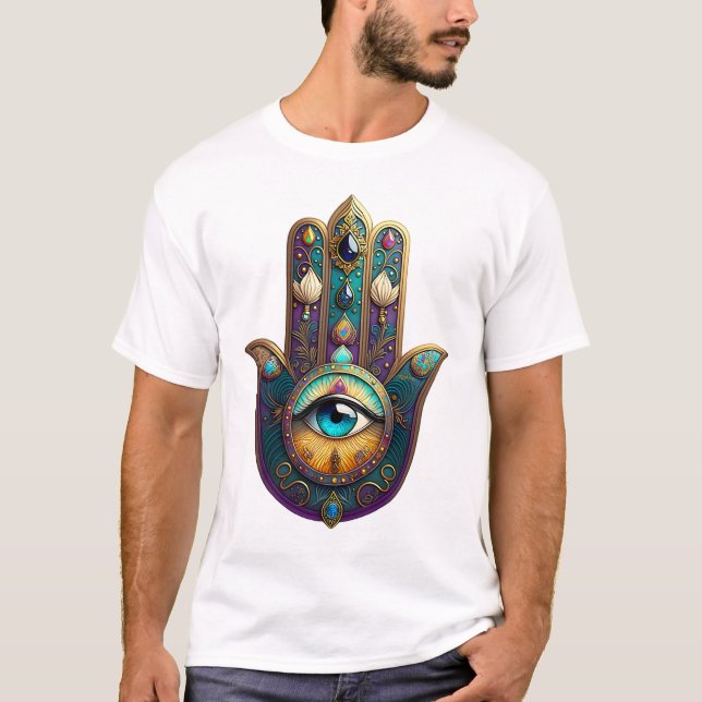 Camiseta Gold Violet Teal Hamsa w/ Turquoise Third Eye (Frente)