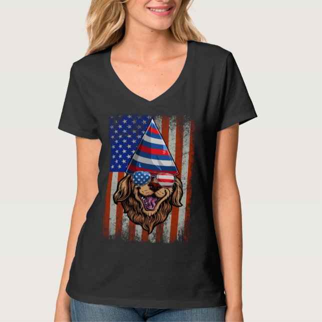 Camiseta Golden Retriever 4th of July Flag American Sunglas (Frente)