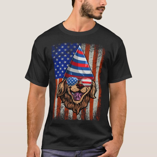 Camiseta Golden Retriever 4th of July Flag American Sunglas (Frente)