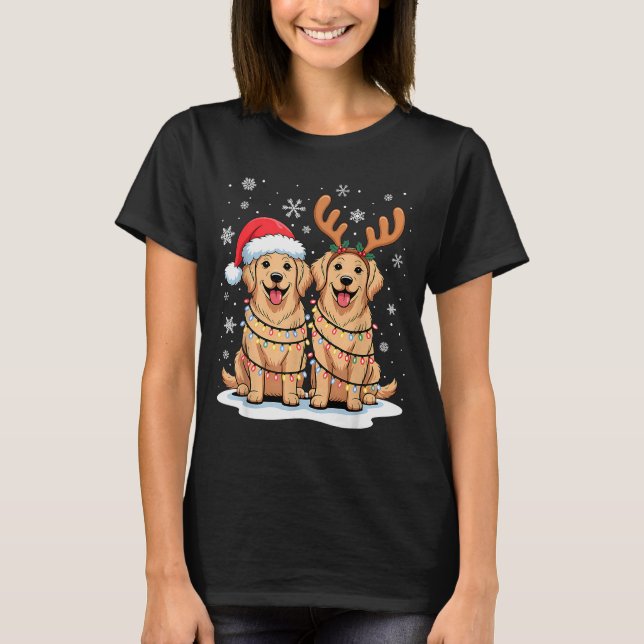 Camiseta Golden Retriever Christmas Santa Hat Reindeer Ligh (Frente)