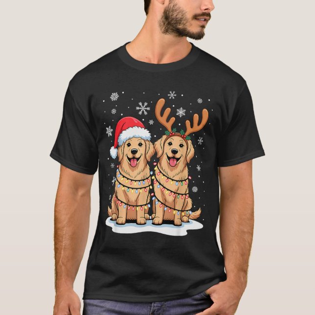 Camiseta Golden Retriever Christmas Santa Hat Reindeer Ligh (Frente)