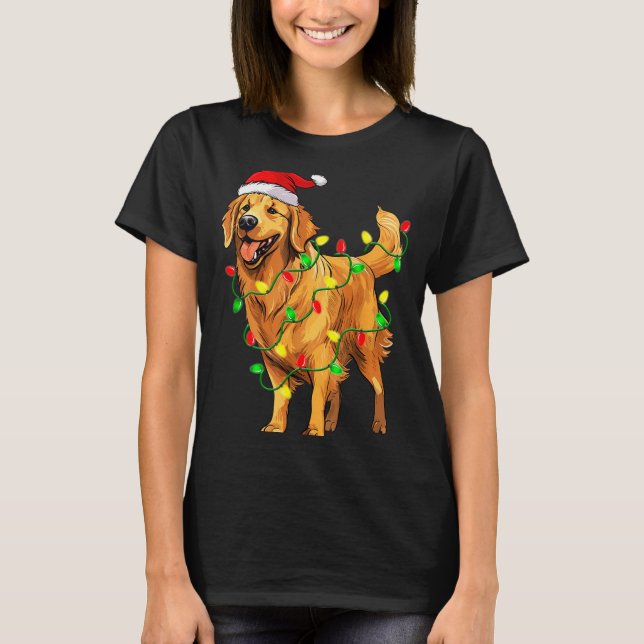 Camiseta Golden Retriever Christmas Santa Hat Tree Lights P (Frente)