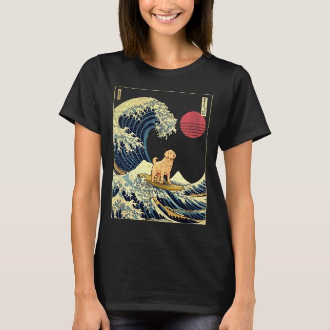 Camiseta Golden Retriever Japanese Kanagawa Wave Funny Surf (Frente)