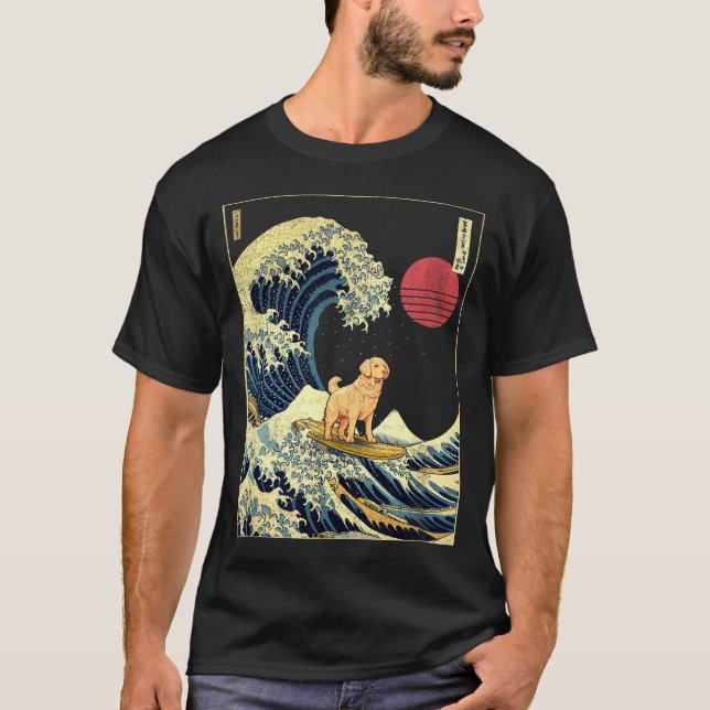Camiseta Golden Retriever Japanese Kanagawa Wave Funny Surf (Frente)
