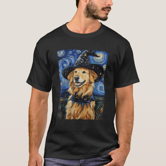 Camiseta Golden Retriever Witch Costume Painting Starry Nig (Frente)