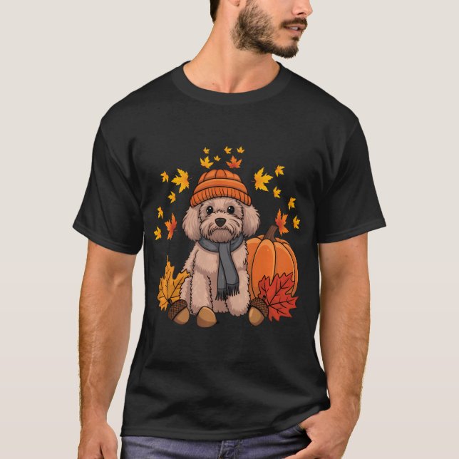 Camiseta Goldendoodle Ação de Graças Pumpkin Cachorro Cacho (Frente)
