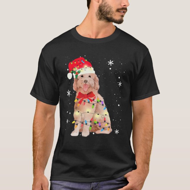 Camiseta Goldendoodle Cachorro Natal Luz Xmas Mãe Pai Prese (Frente)