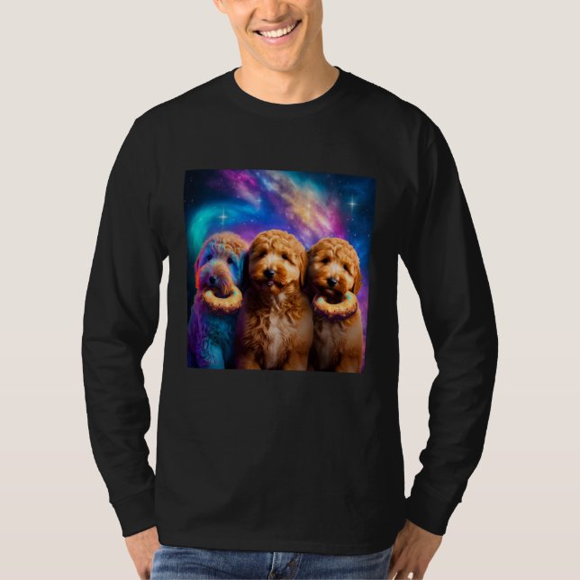 Camiseta Goldendoodle In Space With Donuts Cute Doodle Boys (Frente)