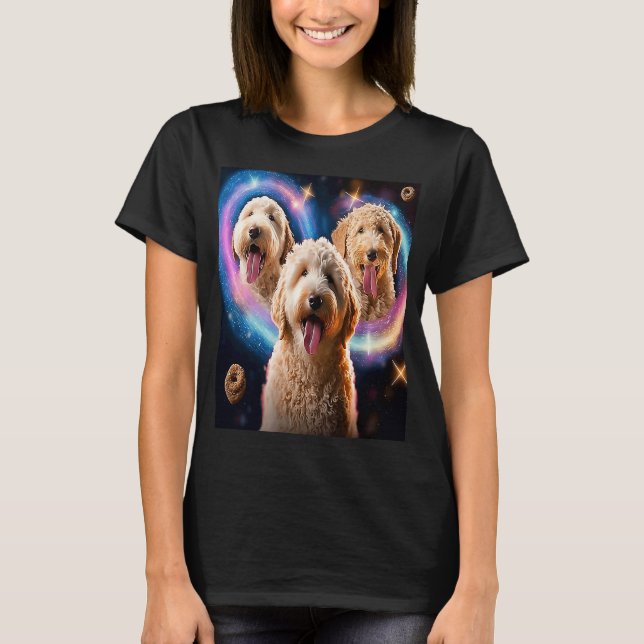 Camiseta Goldendoodle In Space With Donuts Cute Doodle Boys (Frente)
